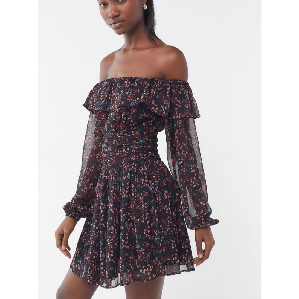 Brand New UO Elaine Dress Black Floral Draped Waist Off Shoulder Size 2
